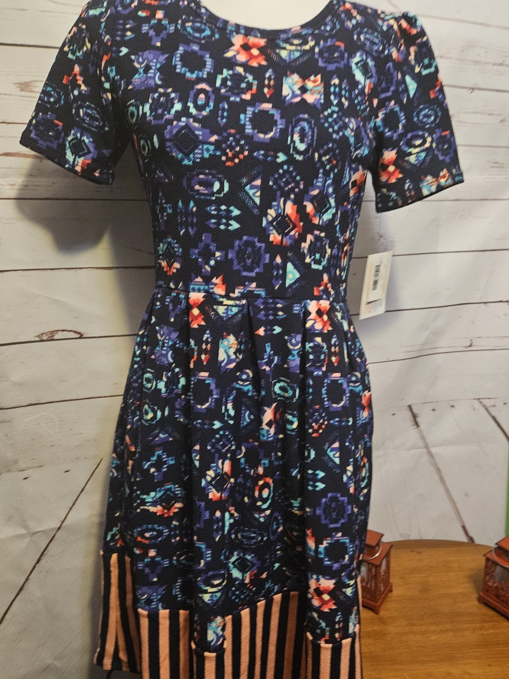 LuLaRoe Navy Multicolor Geometric & Floral Fit-and-Flare Mini Dress
